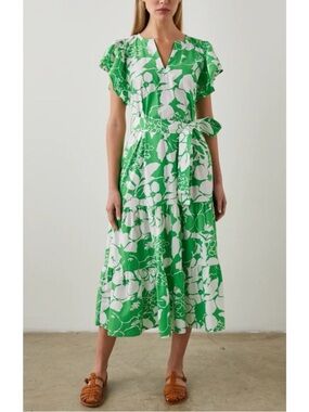 Rails Gia Belted Midi Dress Floral Green Lotus Pattern Size S Flutter Sleeves
